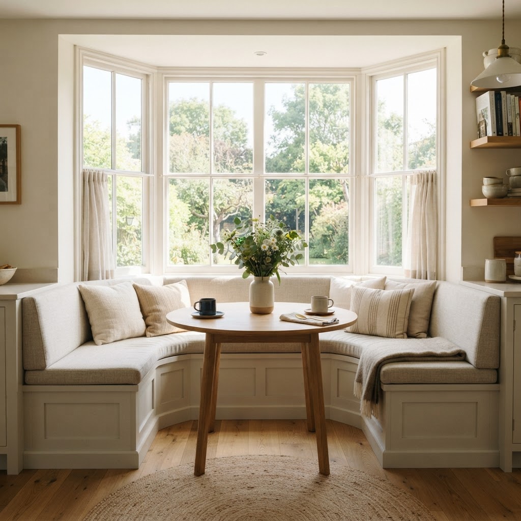 Bay window breakfast nook with a round table and an upholstered bench