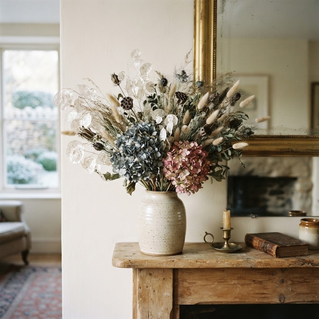 Dried flower winter arrangement of dried hydrangeas, honesty seed heads, bunny tail grass and seed pods in a ceramic vase on a mantelpiece