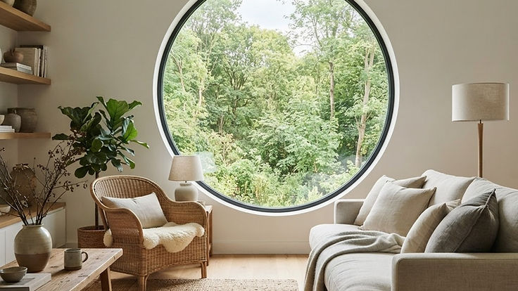 Large round window framing green trees in a calm living room with a linen sofa