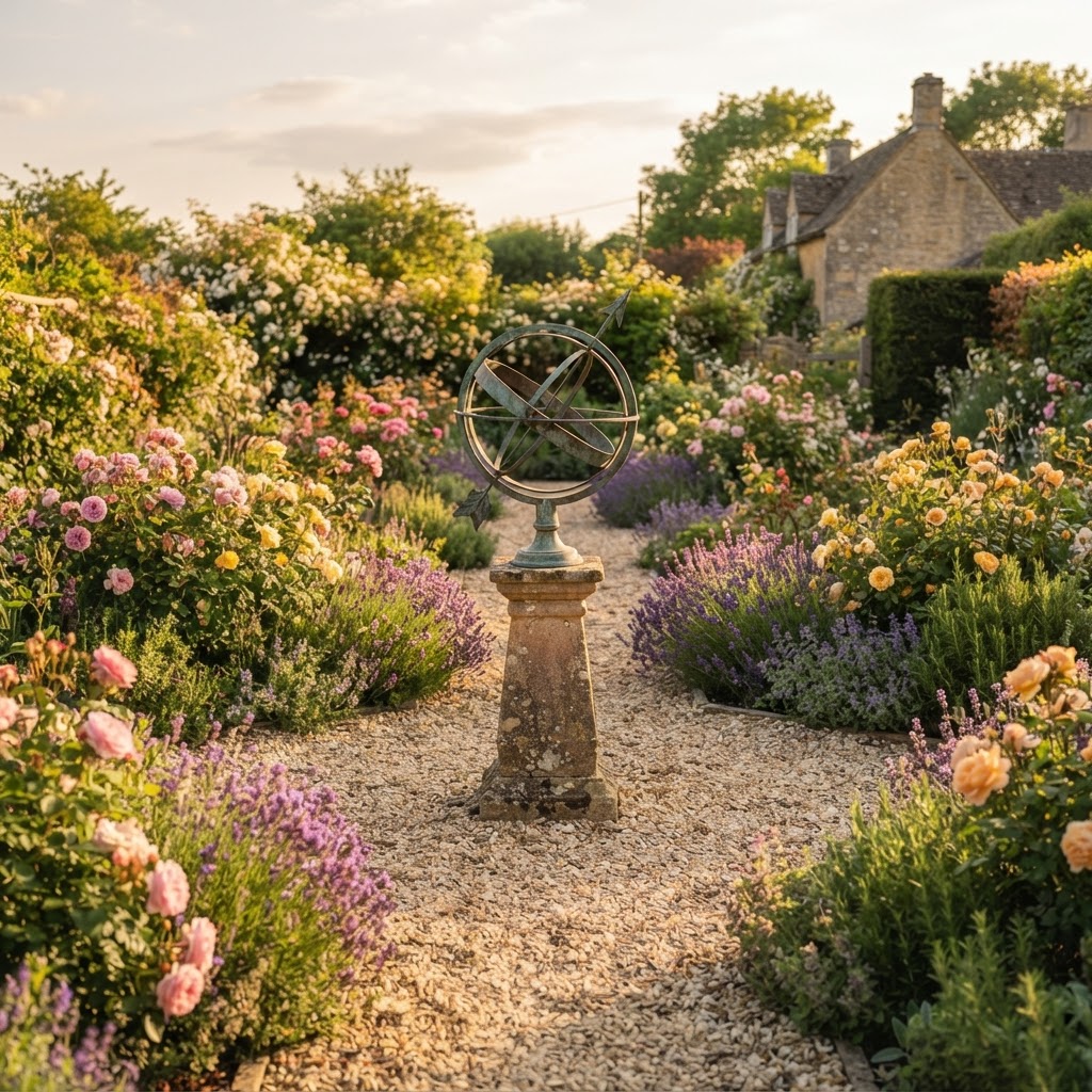 Bronze armillary sphere on a stone pedestal in the centre of a rose and herb garden