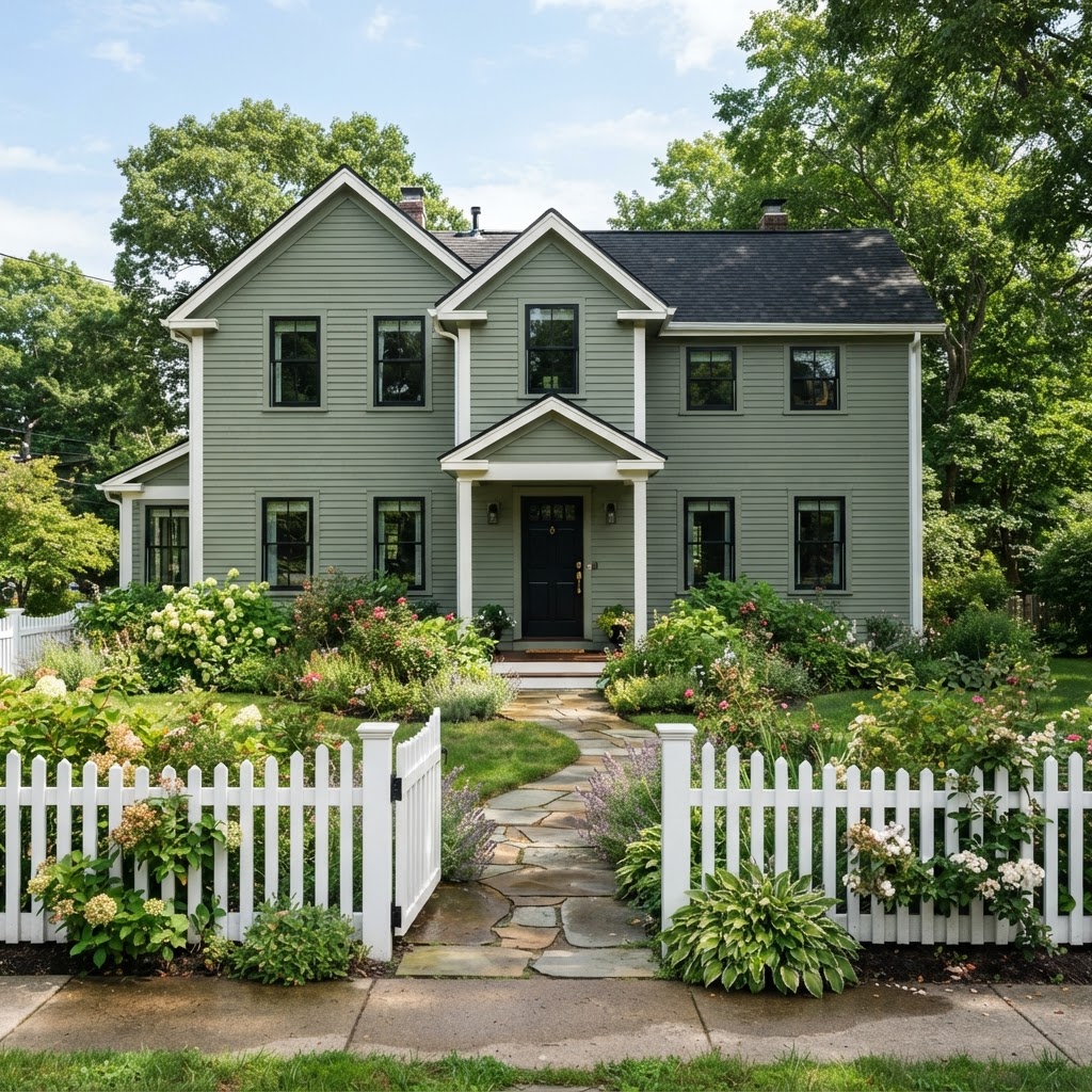 Sage green two-storey house with black windows, a black front door, a white picket fence and a cottage garden of hydrangeas and perennials along a stone path