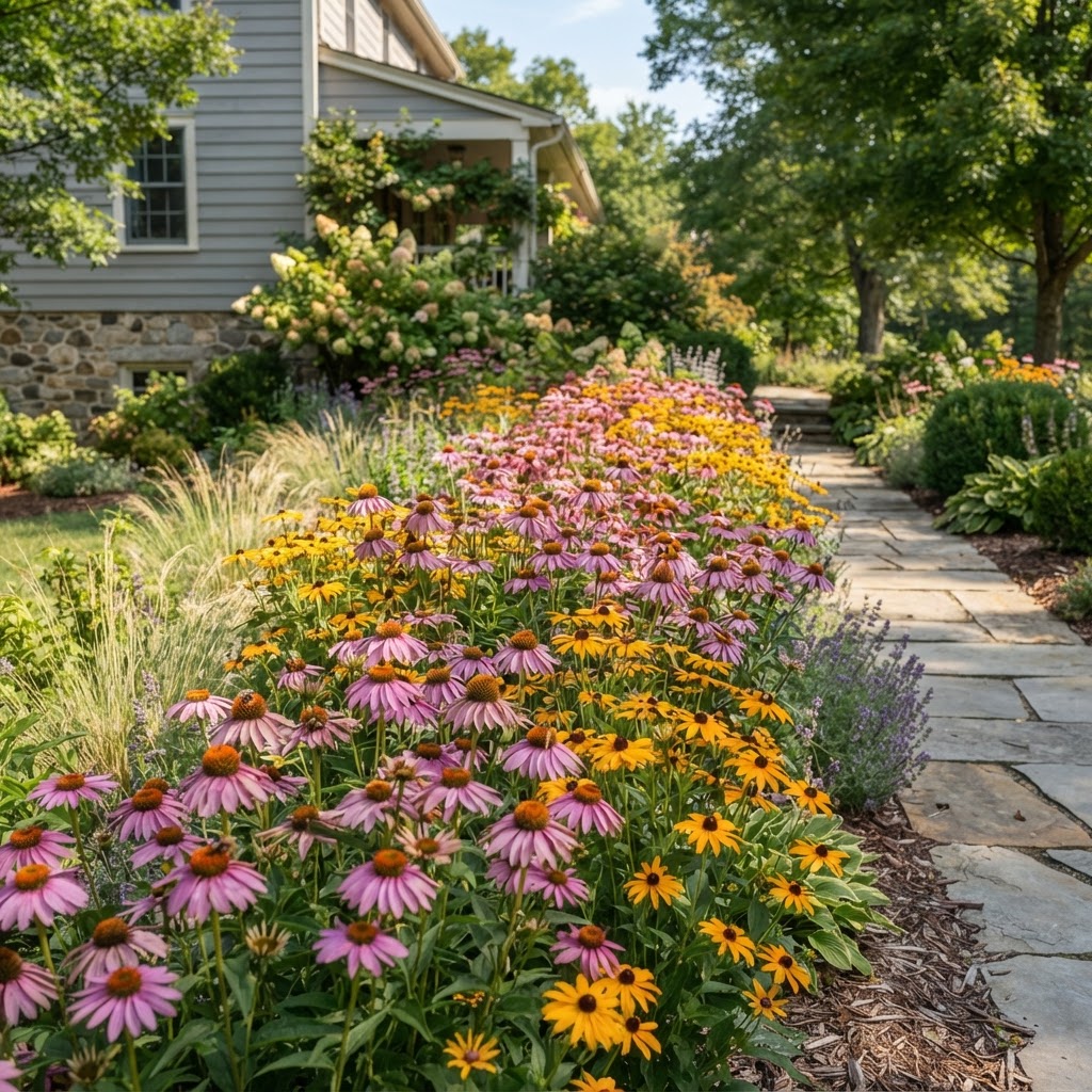 Drift of pink coneflowers and golden black-eyed Susans in a sunny front border beside a stone path and a gray house