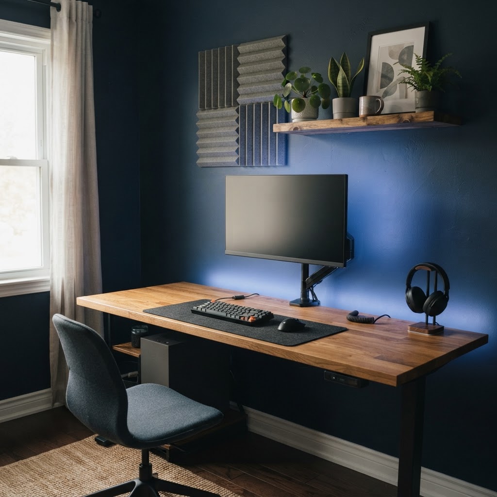 Gaming room with deep navy walls, a wooden desk with a monitor and soft blue LED bias lighting, acoustic panels and a styled shelf with plants