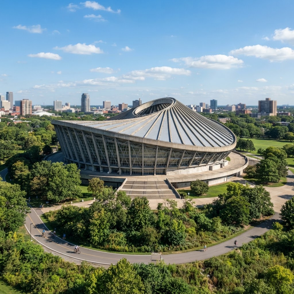 Saucer-shaped arena with a ribbed sloping roof in a city park