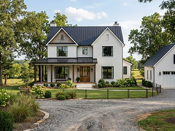 Painted white brick modern farmhouse with black windows, a black metal roof and a wooden front door