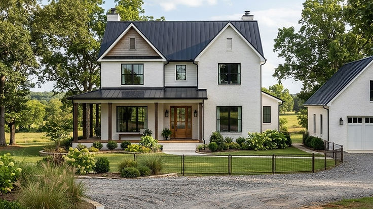 Painted white brick modern farmhouse with black windows, a black metal roof and a wooden front door