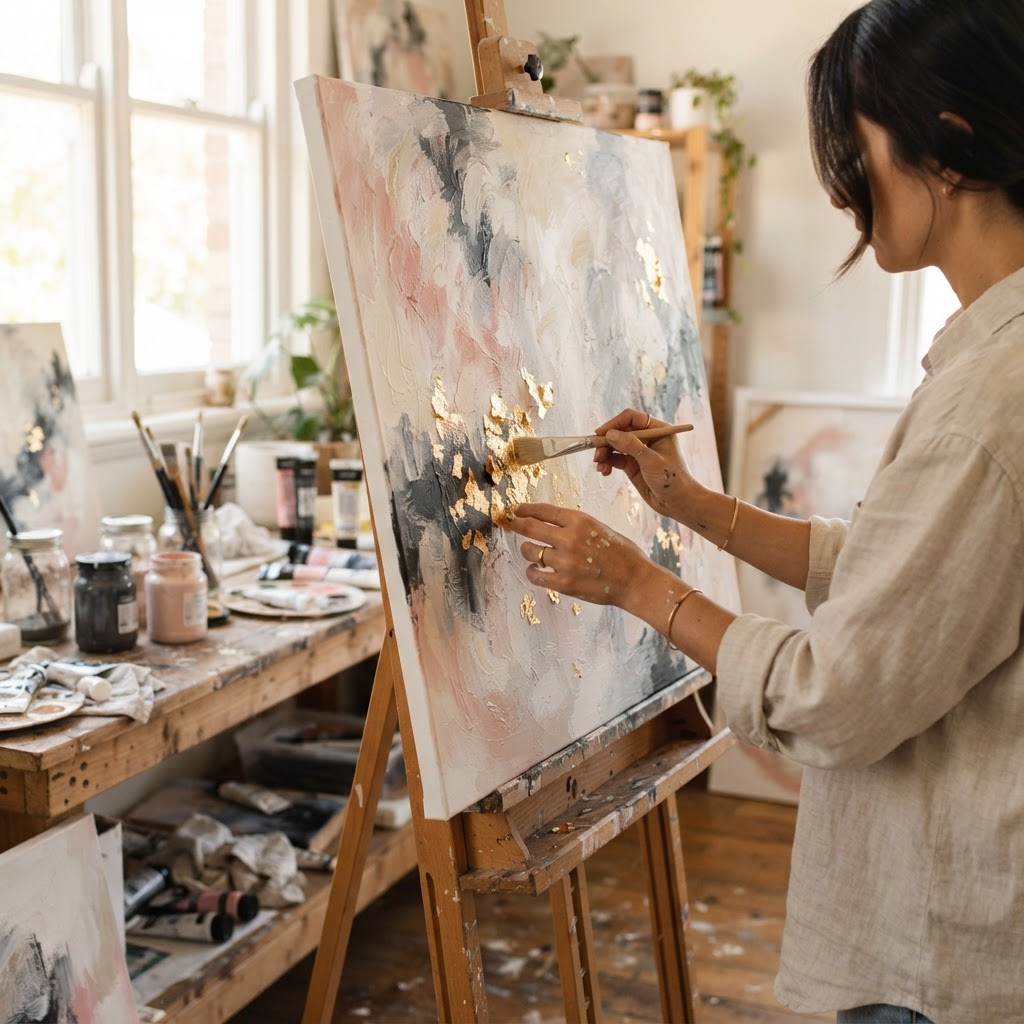 An abstract painting in blush pink, cream and charcoal on an easel in a bright art studio, with an artist pressing small pieces of gold leaf onto the canvas with a soft brush