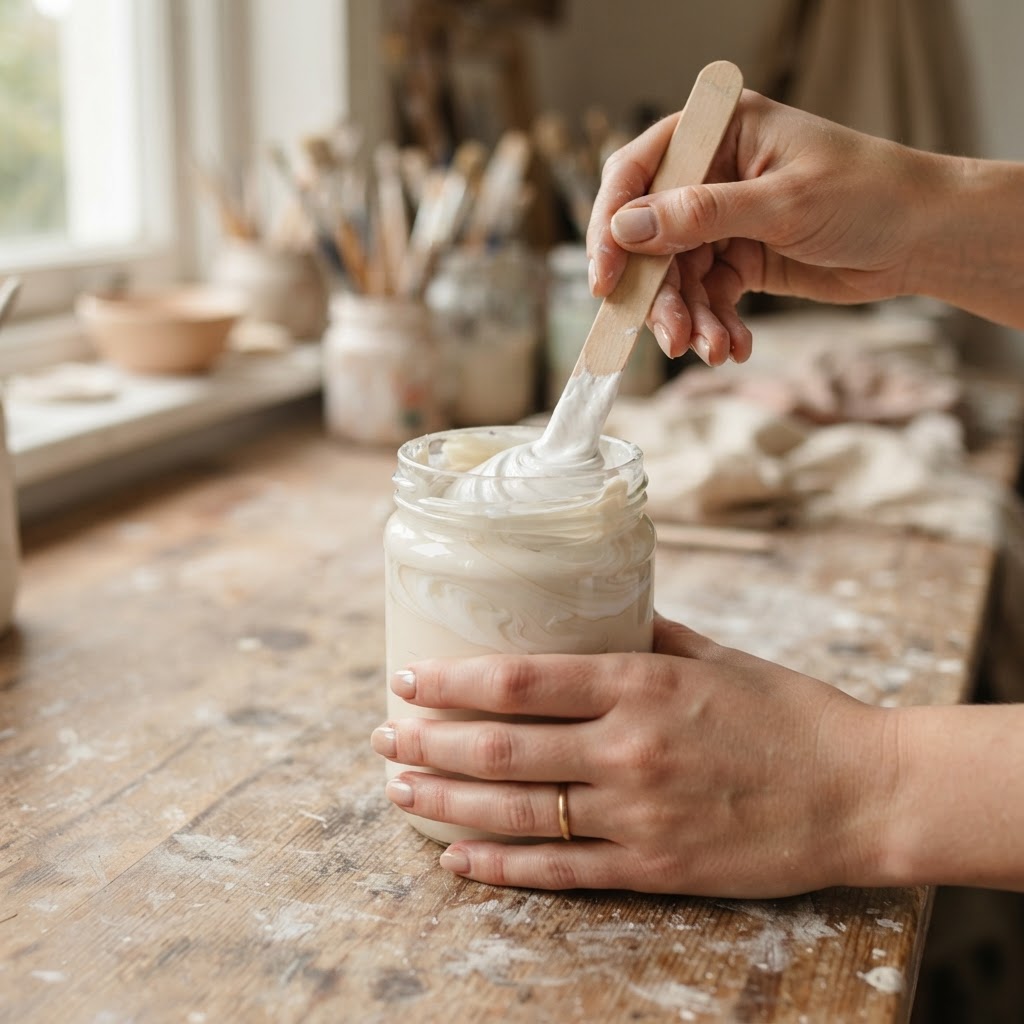 Hands stirring a smooth plaster mixture into a glass jar of cream paint with a wooden stick