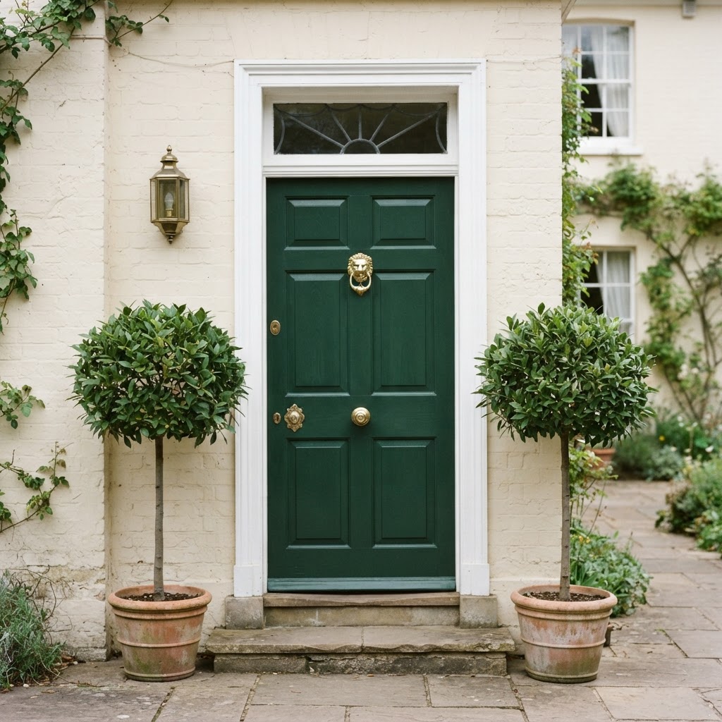 Deep green front door with a brass knocker and handle on a cream painted house, framed by potted bay trees and climbing ivy