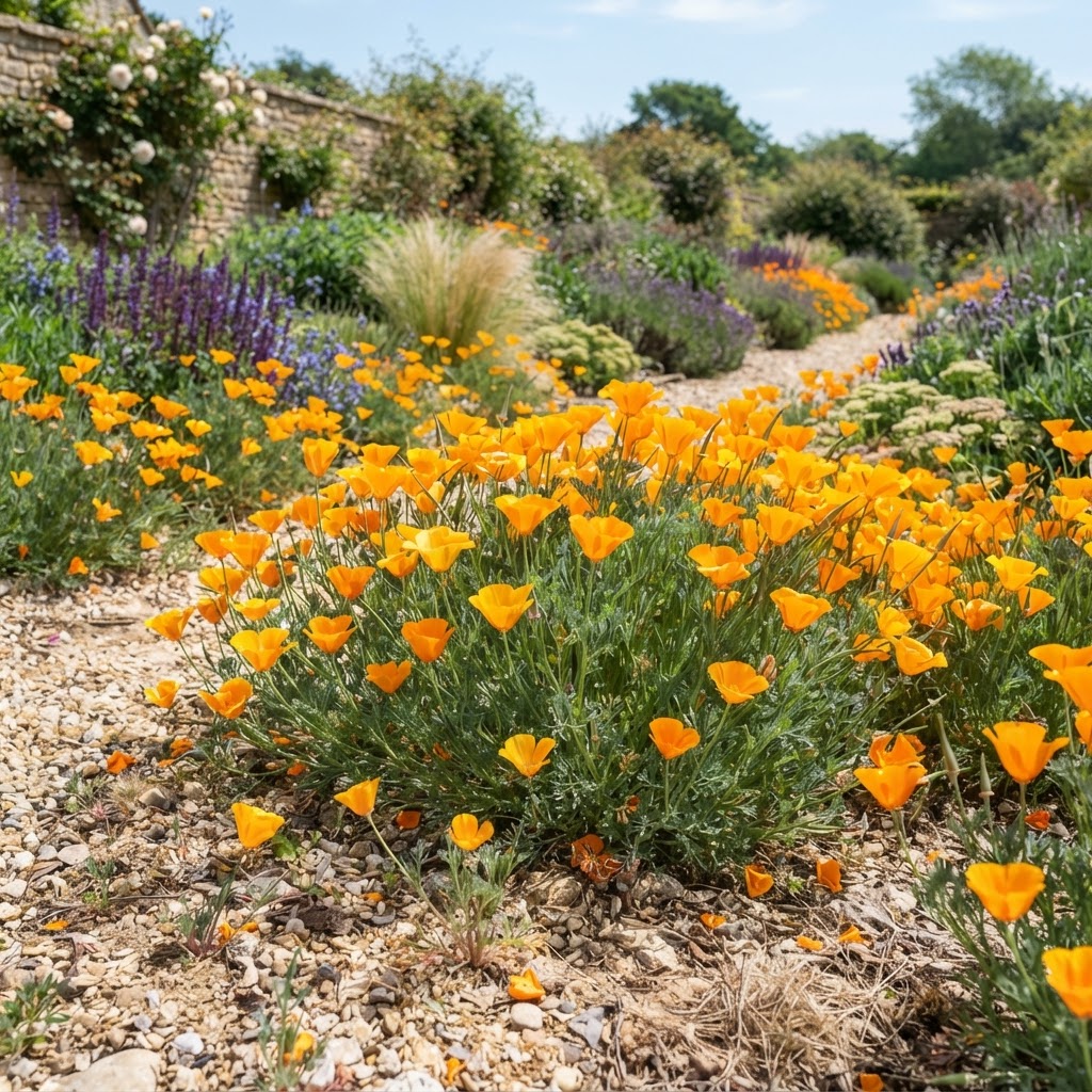 Bright orange California poppies flowering in a sunny gravel garden