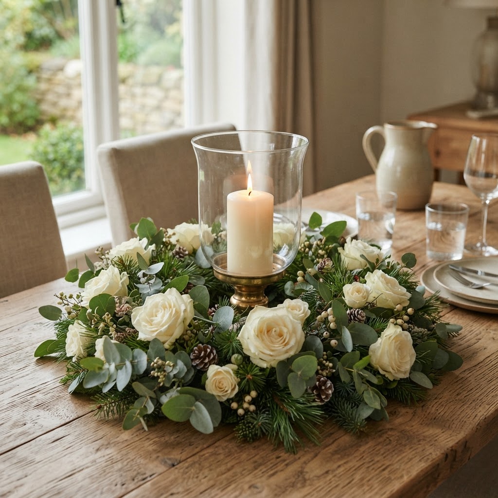 Pillar candle in a glass hurricane surrounded by a ring of white roses, eucalyptus and pine as a table centrepiece