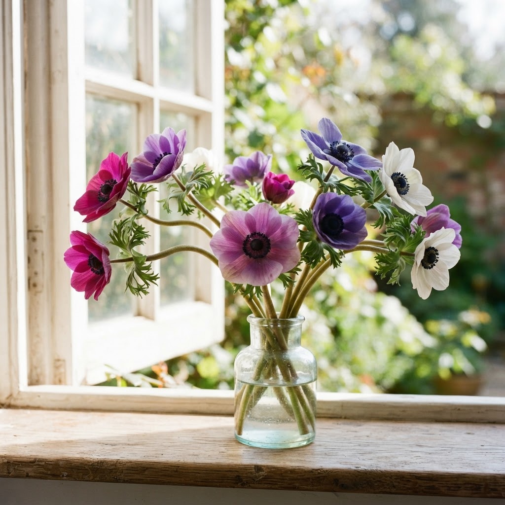 Anemones curving towards the light in a small glass vase on a sunny windowsill