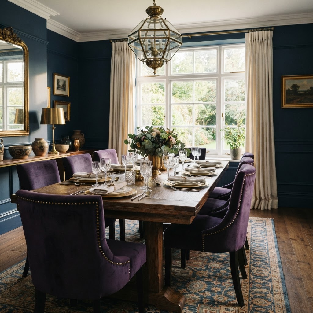 Dining room with deep purple velvet chairs around a wooden table, navy blue walls and a brass chandelier