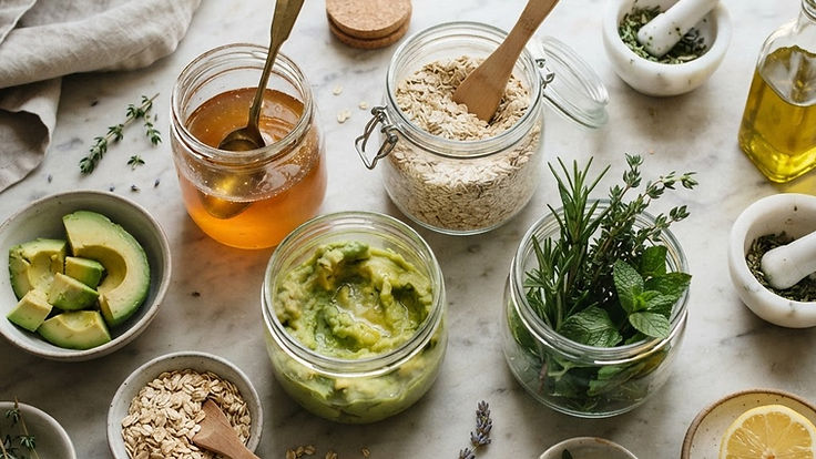 Natural skincare ingredients on a marble worktop: honey, oats, avocado, lemon, fresh herbs and olive oil in glass jars and bowls