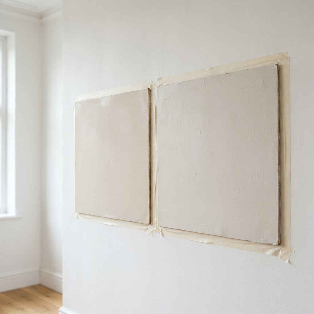 Two large painted sample boards in similar pale greige shades taped side by side on a wall