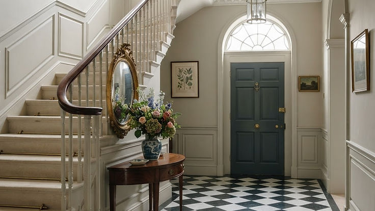 Georgian entrance hall with a black and white chequerboard marble floor, panelled stone coloured walls, a fanlight above a dark front door, a hall lantern and a staircase with slim balusters and a mahogany handrail