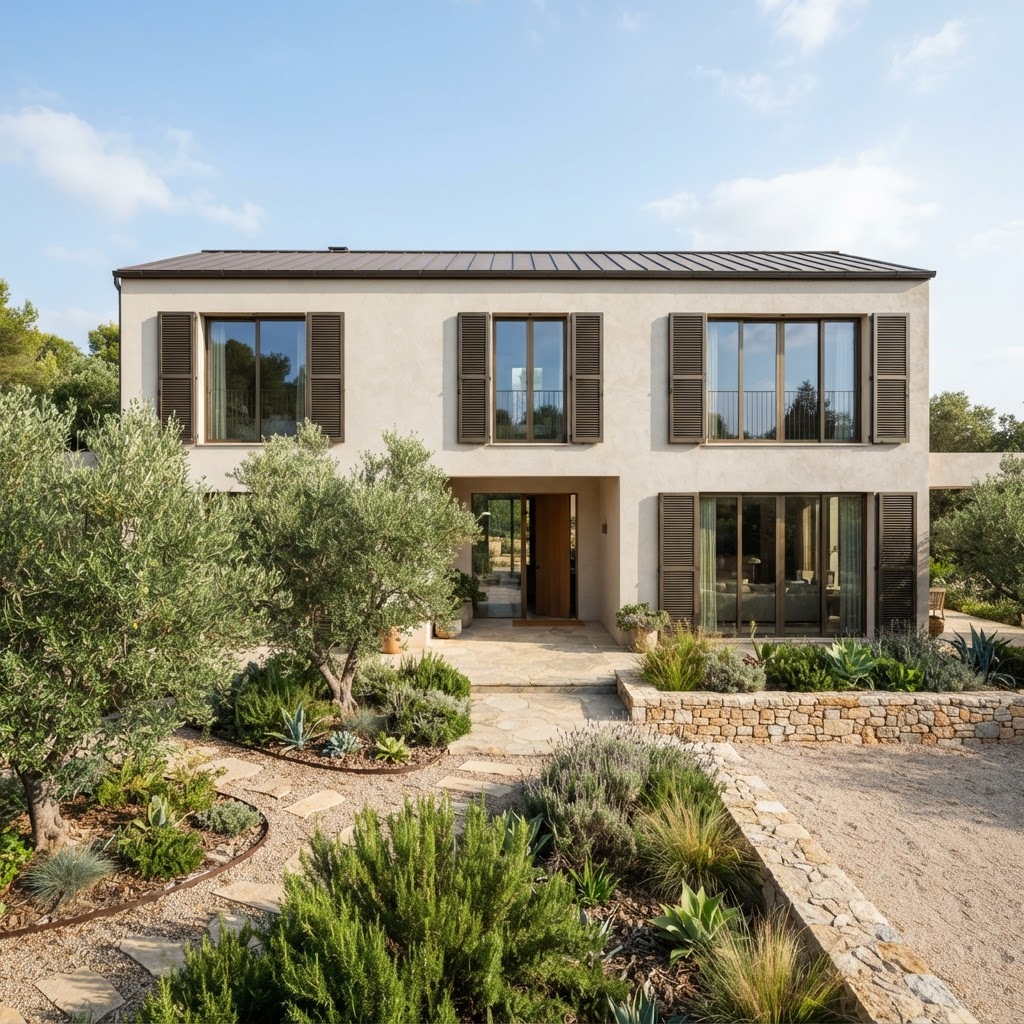 Modern beige stucco house with dark bronze shutters and olive trees