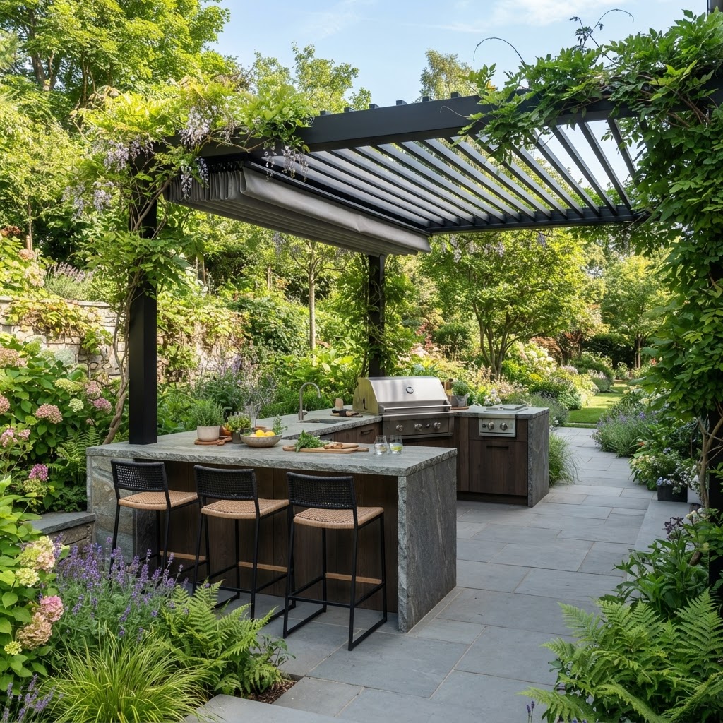 Modern black pergola with a louvred roof over an outdoor kitchen with bar stools