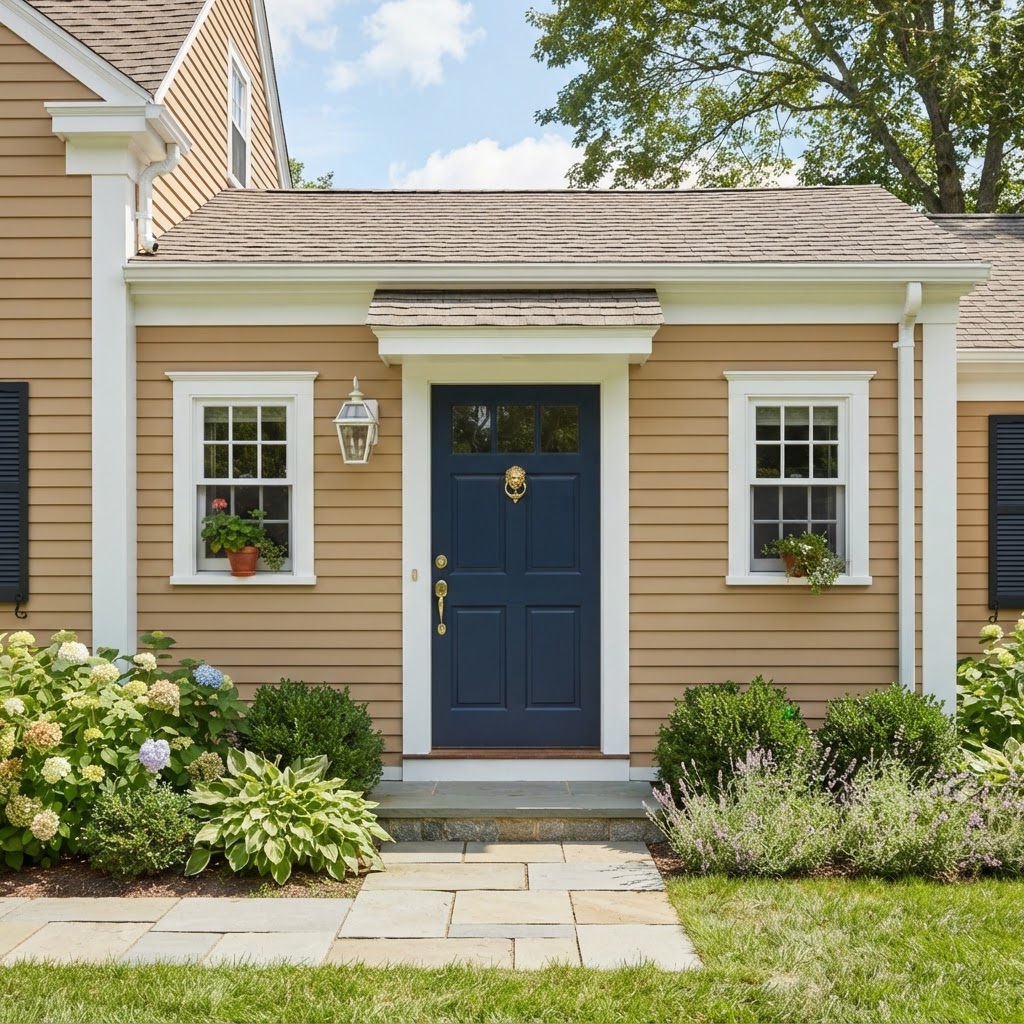 Navy blue front door on a tan sided house with crisp white trim and a brass knocker