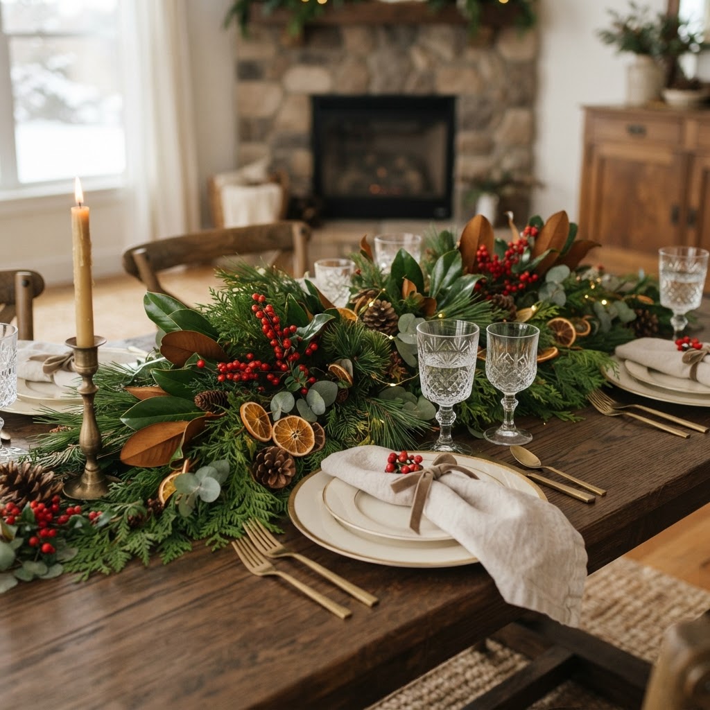 Low centrepiece of winter greenery with pine, magnolia leaves and red berries on a dining table