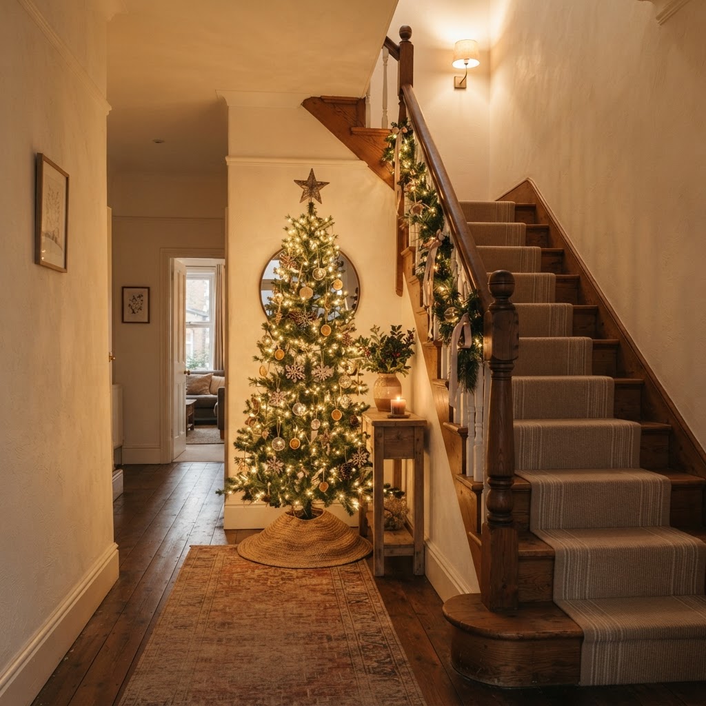 Slim Christmas tree against the wall of a narrow hallway beside the stairs