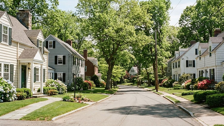 Quiet suburban street of small 1940s-style Cape Cod houses with lawns and mature trees