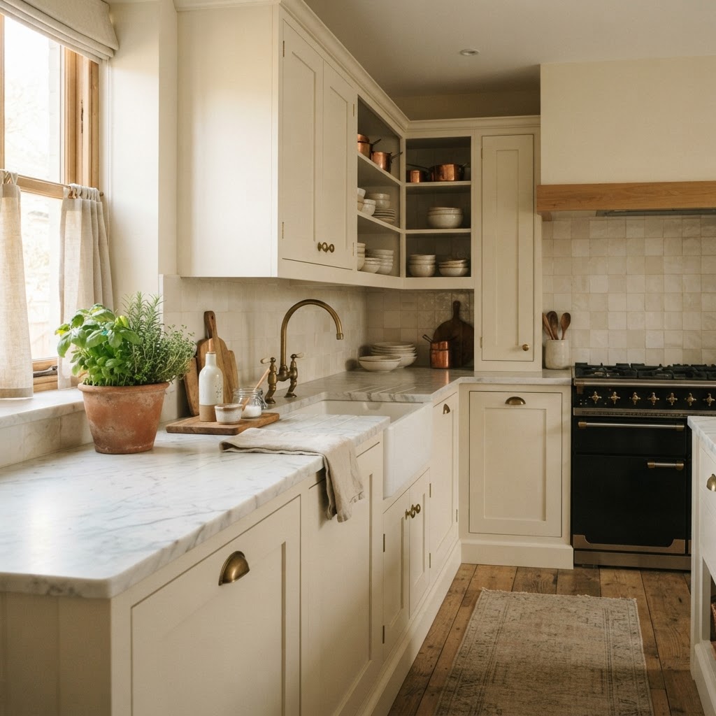 Soft warm off-white kitchen with painted shaker cabinets and walls in the same creamy white, a marble worktop, brass taps and a terracotta pot of herbs in warm afternoon light