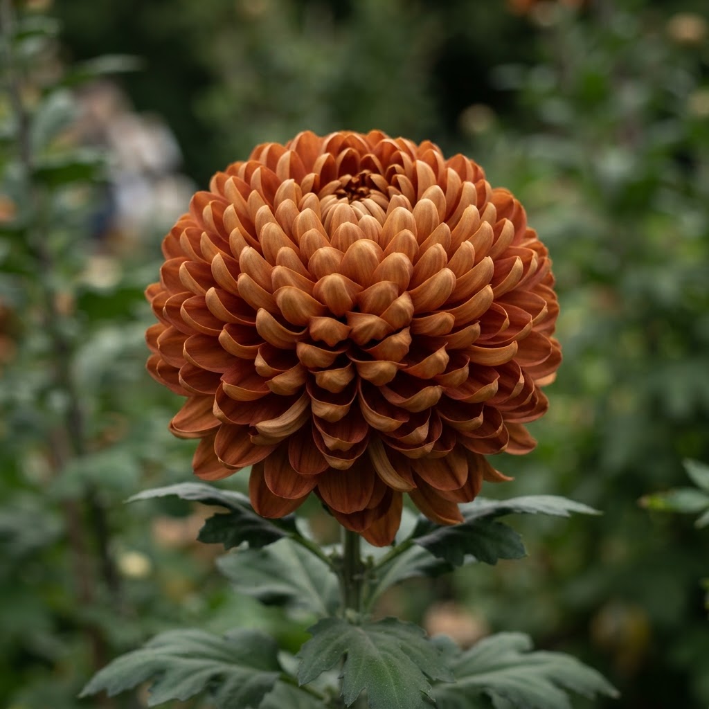 Close-up of a large incurved chrysanthemum bloom in rich bronze forming a perfect globe of petals