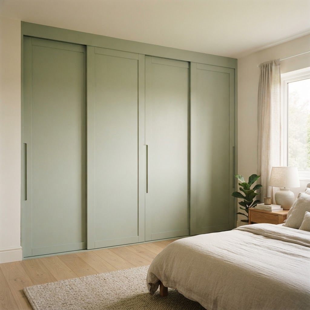Floor-to-ceiling sage green painted sliding wardrobe doors with slim handles in a calm bedroom