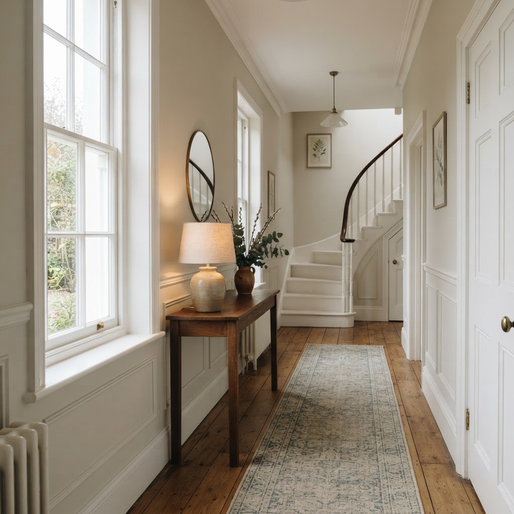 Hallway with warm greige off-white walls, white panelled doors, an oak floor with a runner and a console table with a ceramic lamp