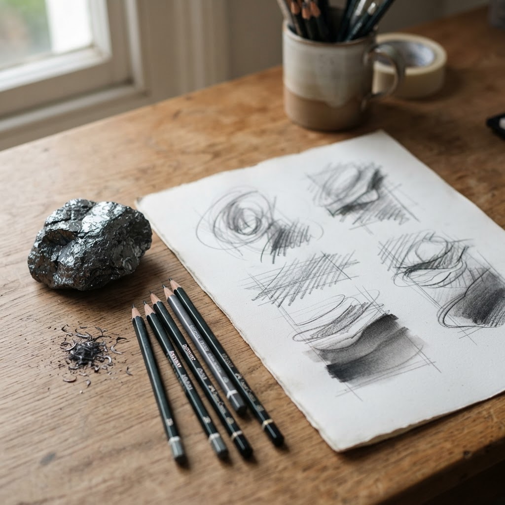 Close-up still life of a lump of raw graphite mineral with a metallic sheen beside graphite pencils and pencil sketches on white paper on a wooden desk
