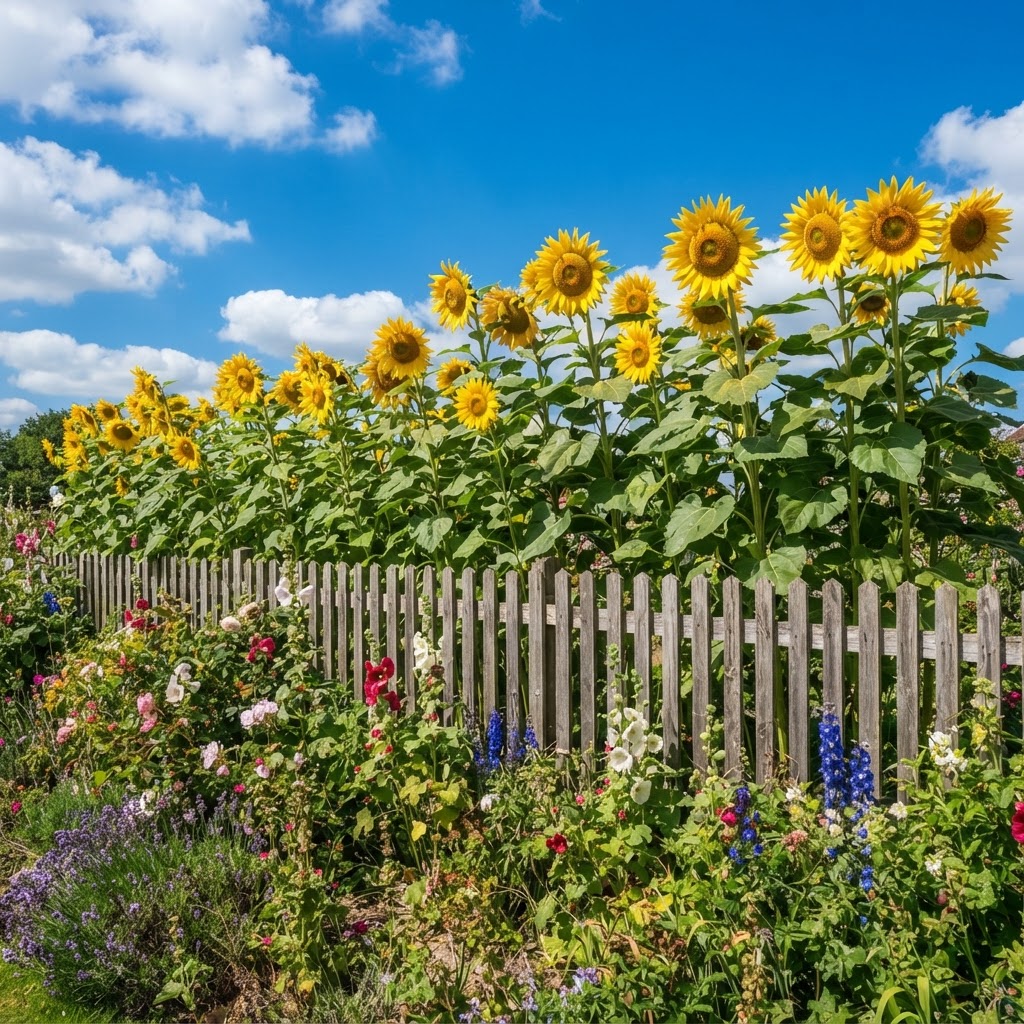 Giant yellow sunflowers towering over a garden fence against a blue sky