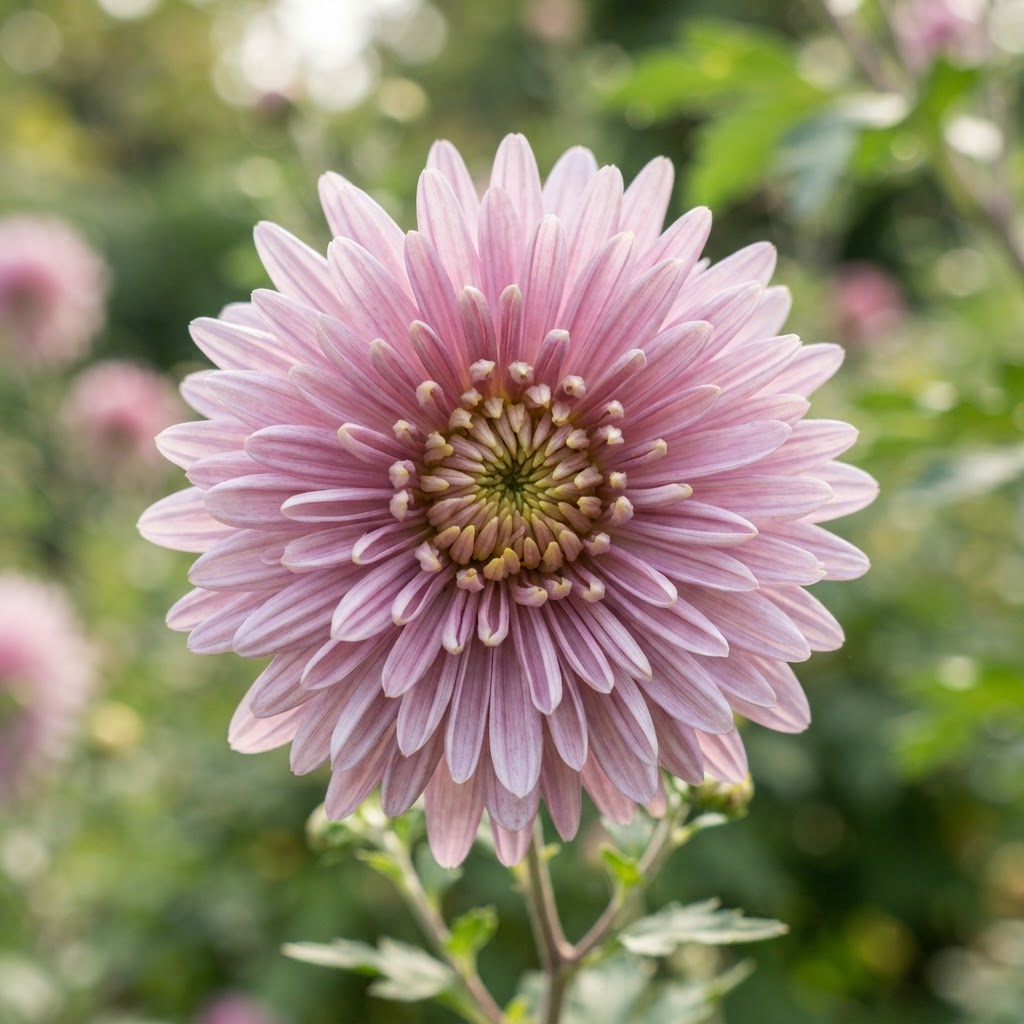 Close-up of a silvery pink quilled chrysanthemum with tube shaped petals