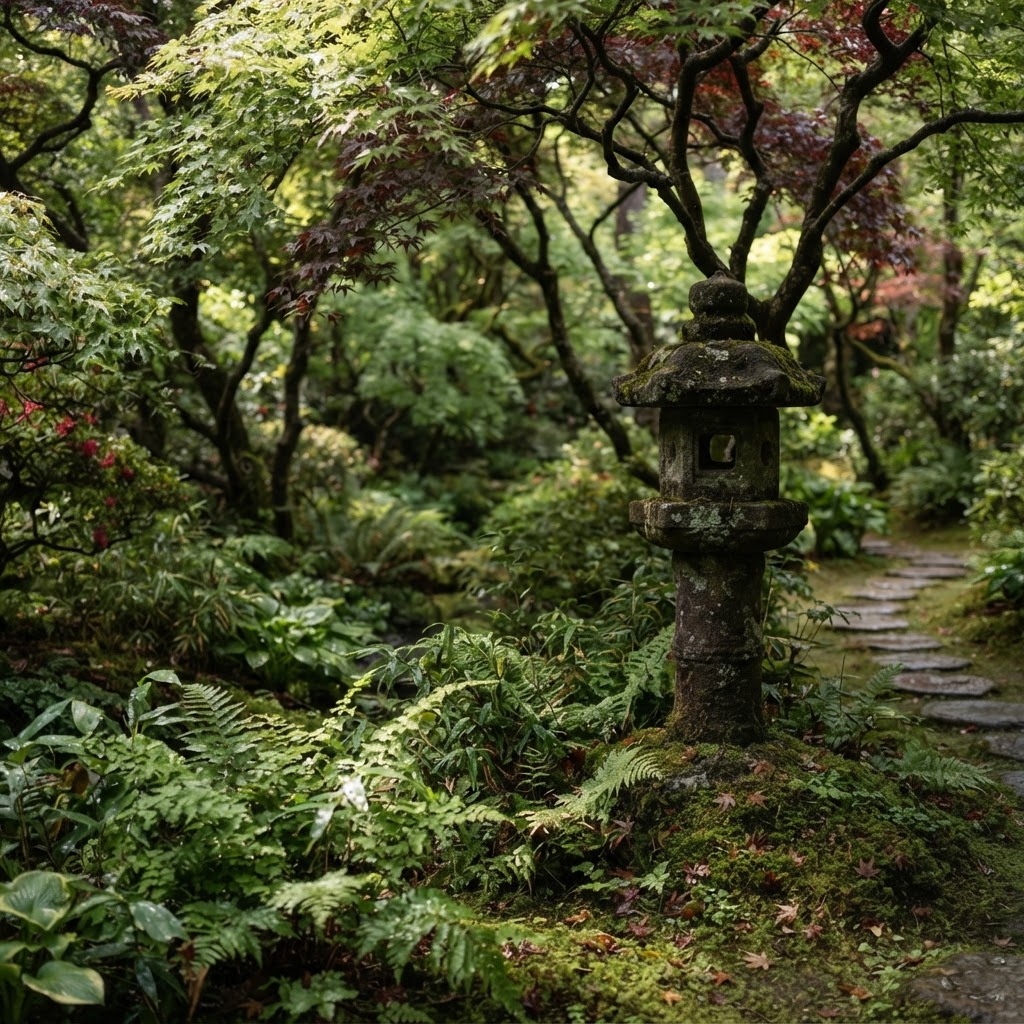Traditional stone lantern among moss, ferns and Japanese maples in a calm garden corner