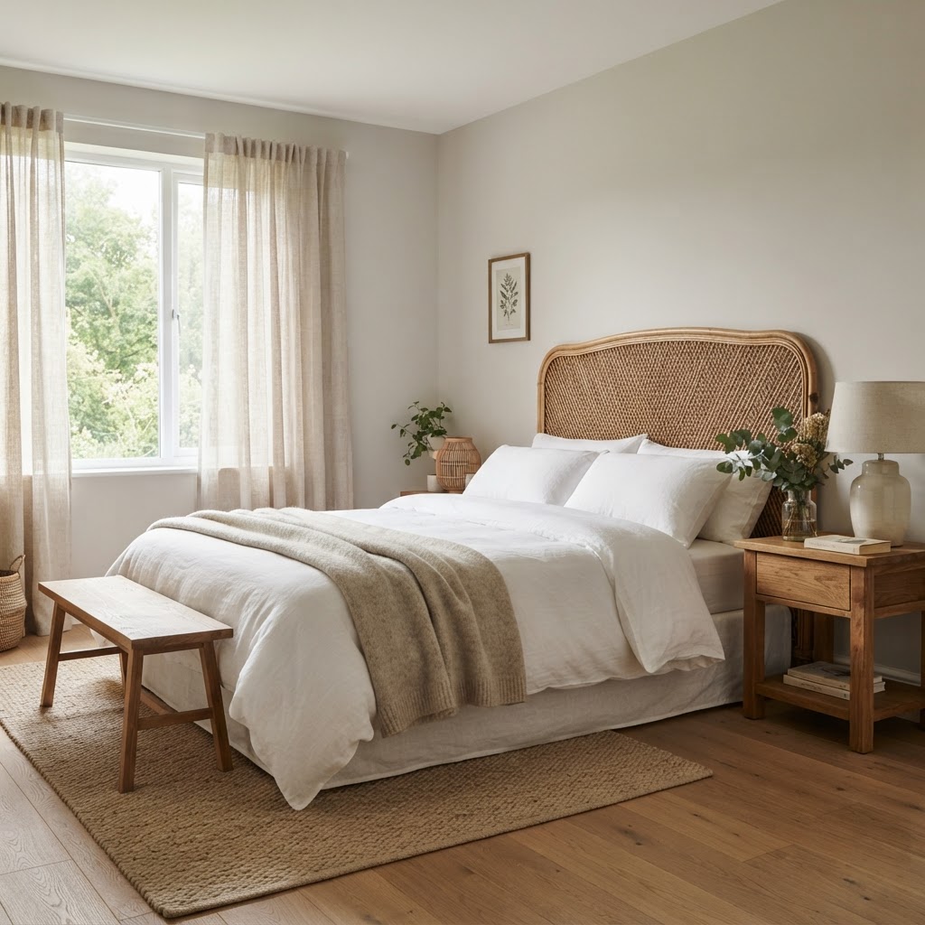 Bedroom with pale soft warm gray walls, white bedding, a rattan headboard, a wooden bench, a wooden bedside table and linen curtains