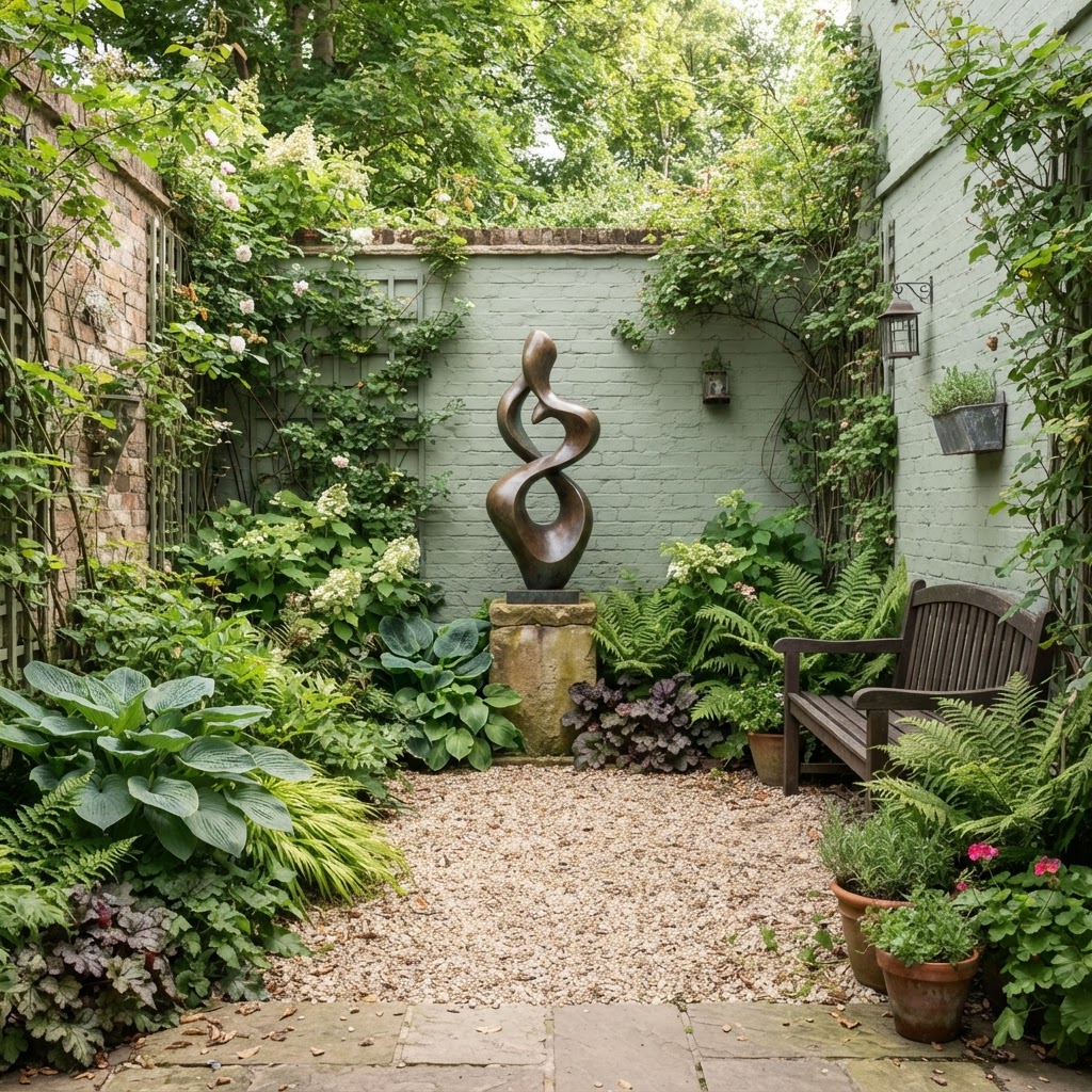 Small walled courtyard garden with a single bronze sculpture on a stone plinth against a sage green painted wall surrounded by ferns