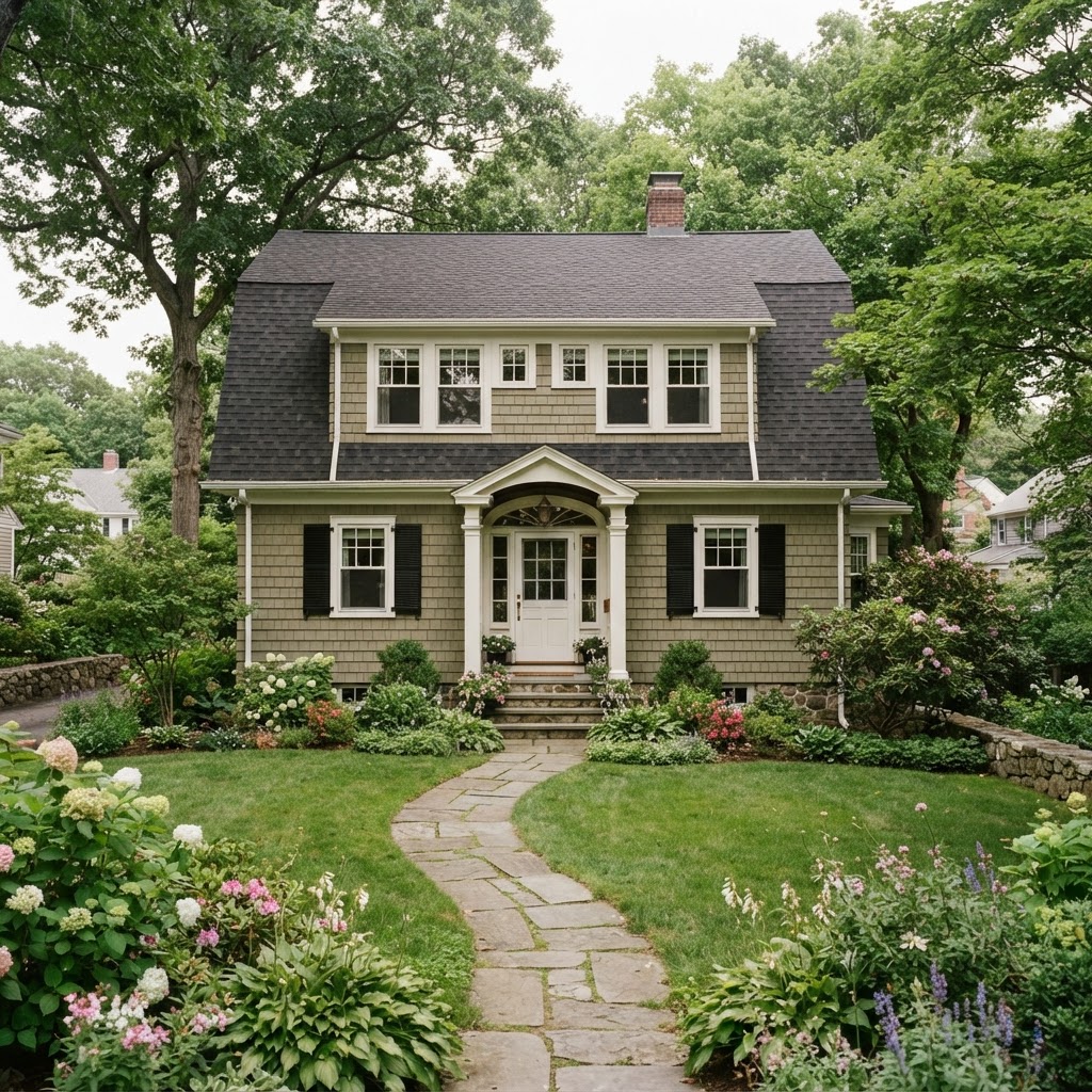 1920s Dutch Colonial Revival house with a gambrel roof, long dormer and shingle siding