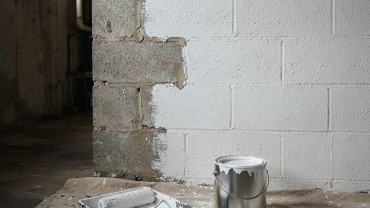 Basement concrete block wall half painted with white masonry waterproofing paint, with a paint roller in a tray, an open paint tin and dust sheets on the floor