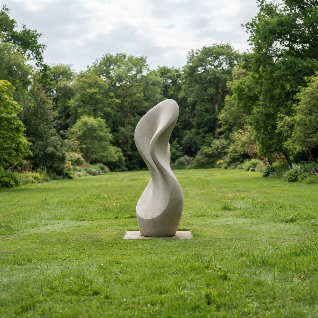 Smooth contemporary abstract stone sculpture standing on a large lawn with trees behind