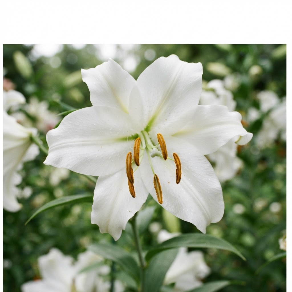 Large pure white oriental Casablanca lily flower in close-up