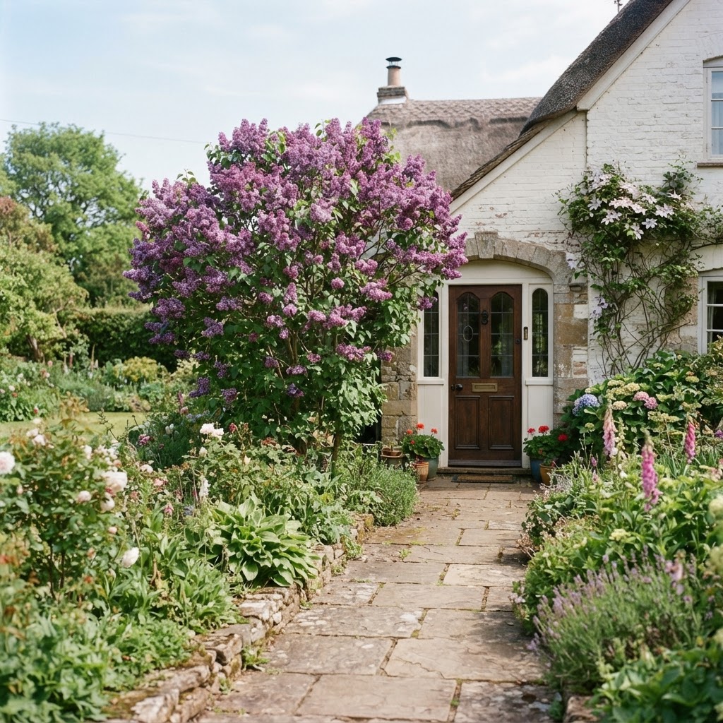 Lilac bush in full purple bloom beside a white cottage with a wooden front door and a stone path