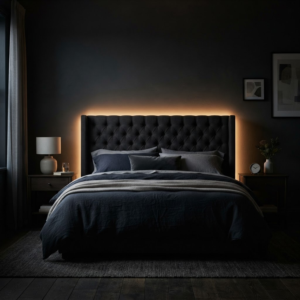 Upholstered headboard with a soft warm LED strip glowing behind it in a dark, calm bedroom