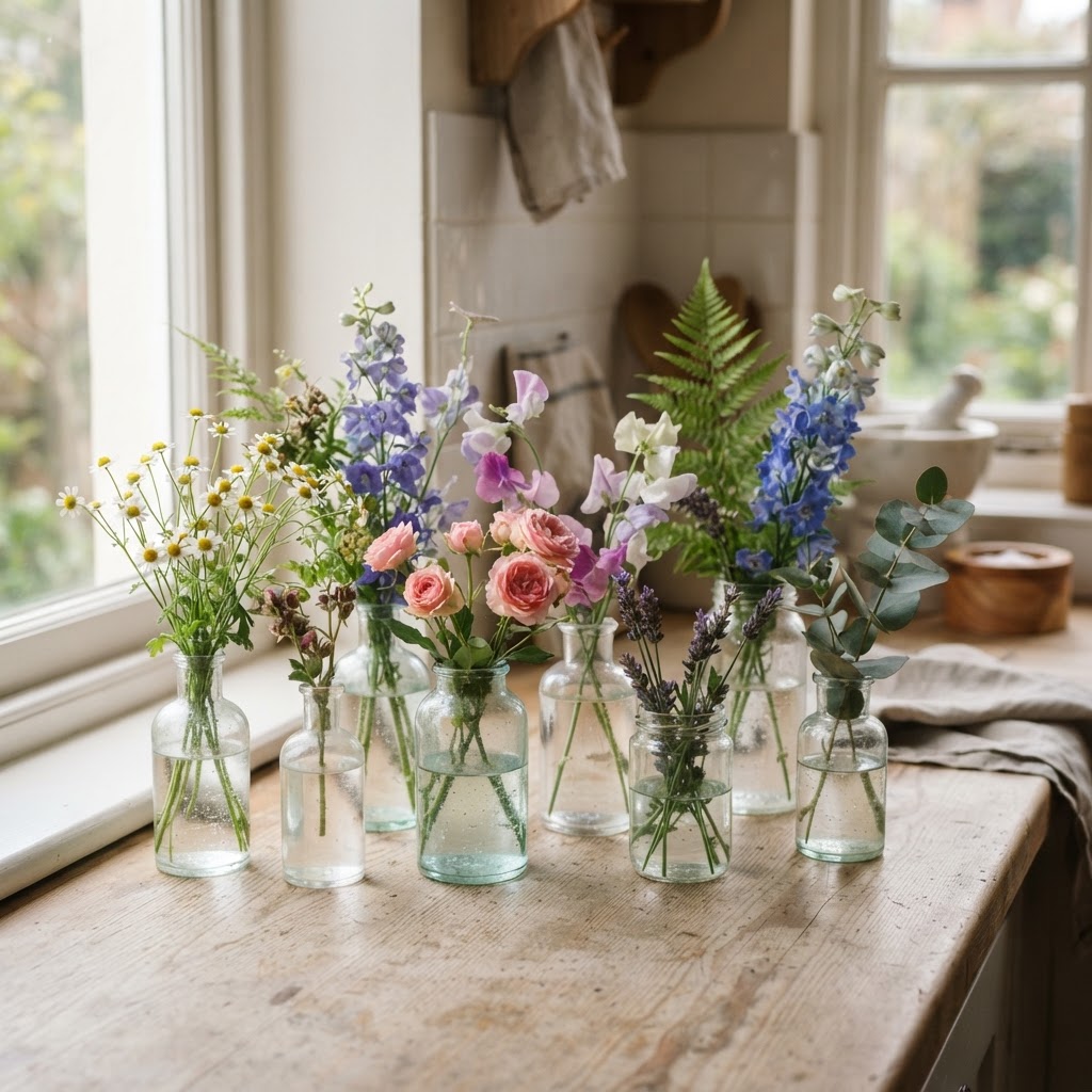One bunch of supermarket flowers divided between several small glass jars and bottles on a kitchen counter