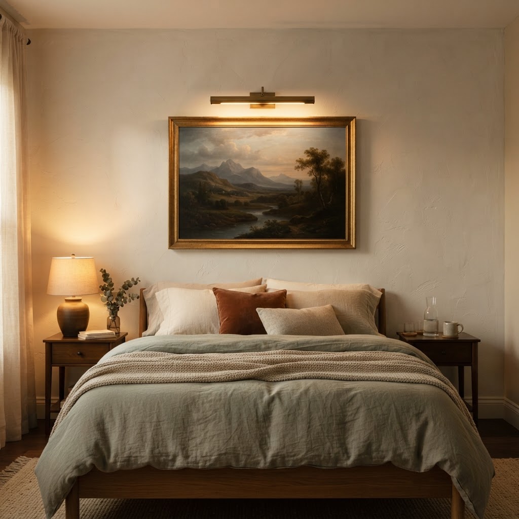 Brass picture light illuminating a landscape painting above a bed with warm evening light