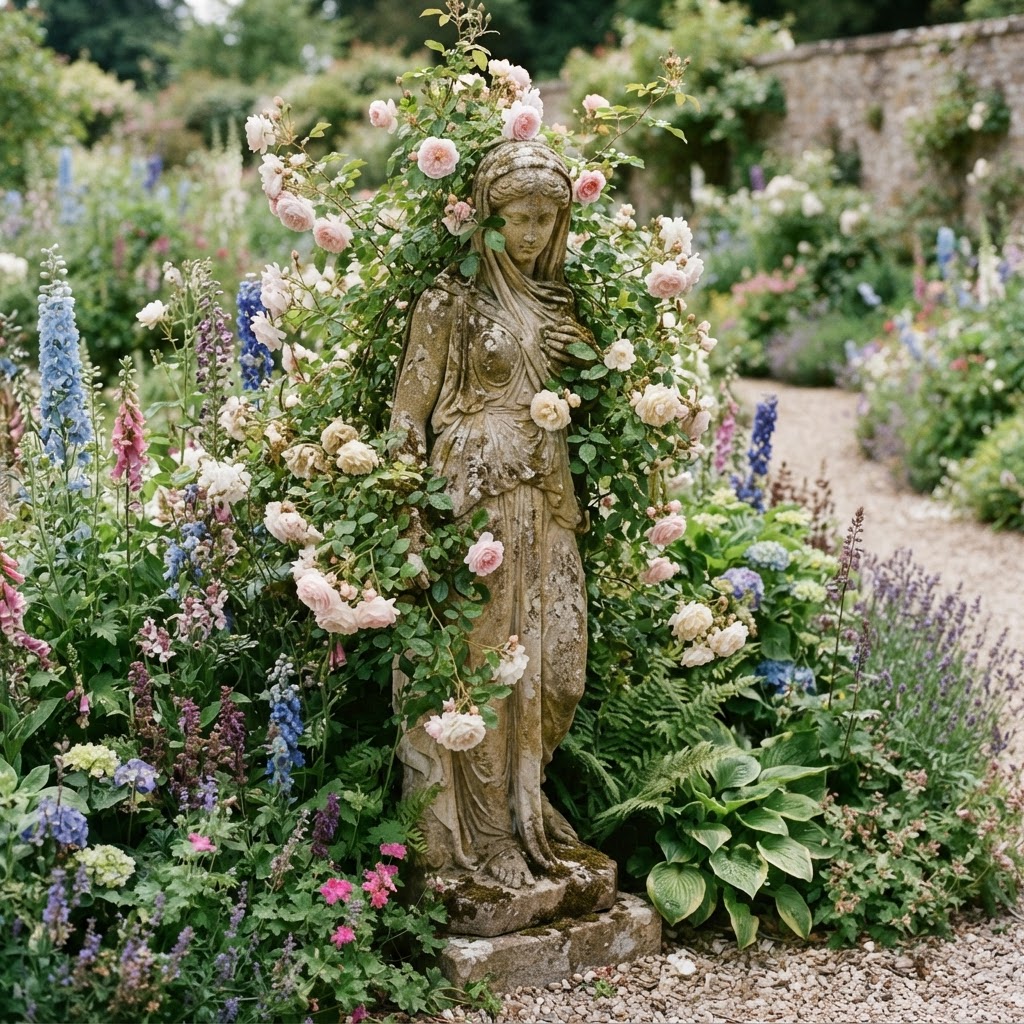 Weathered stone statue half hidden among climbing roses and tall perennials in a cottage garden