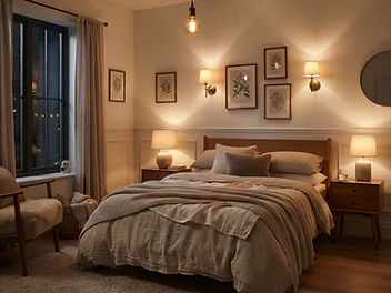 Cosy bedroom in the evening with layered warm lighting from bedside lamps, wall lights and a dimmed pendant