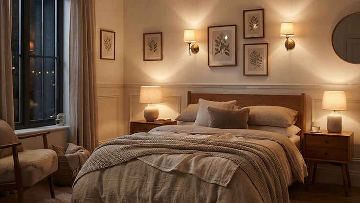Cosy bedroom in the evening with layered warm lighting from bedside lamps, wall lights and a dimmed pendant