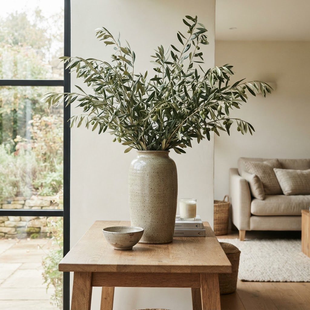 Olive branches with silvery green leaves in a tall stoneware vase in a calm living room