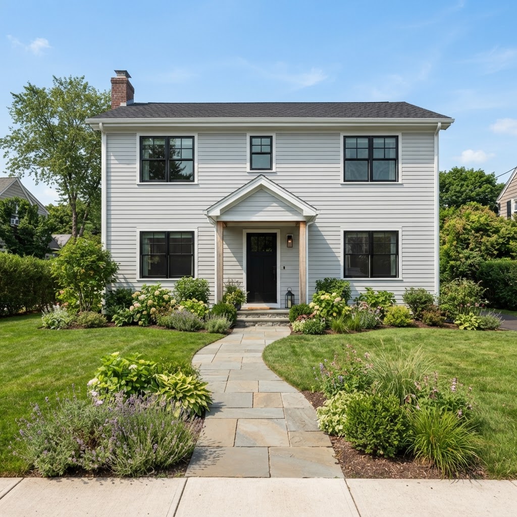 Light gray clapboard two-storey house with black-framed windows, a black front door under a white portico and a stone path through a lawn edged with lavender and flowering shrubs