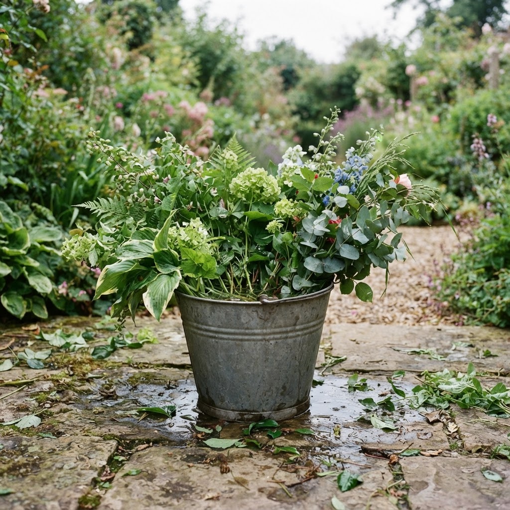Freshly cut garden foliage standing in a bucket of water to condition before arranging
